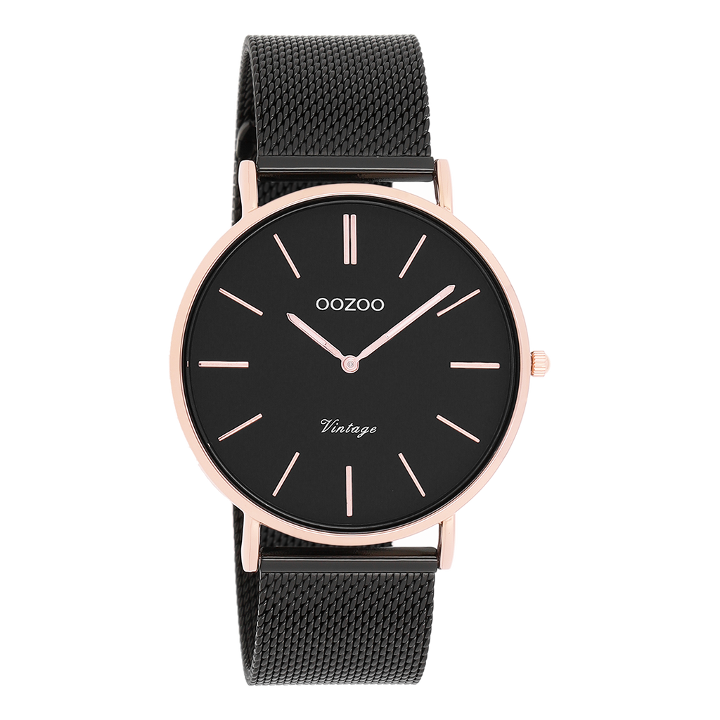 Rose gold coloured OOZOO watch with black metal mesh bracelet - C8869