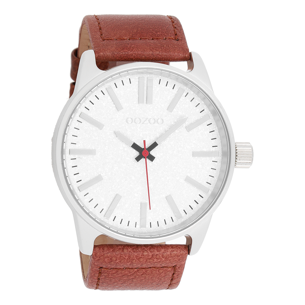 Silver coloured OOZOO watch with brown leather strap - C9060
