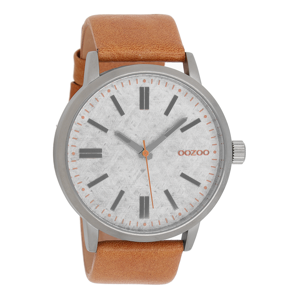 Silver coloured OOZOO watch with brown leather strap - C9405