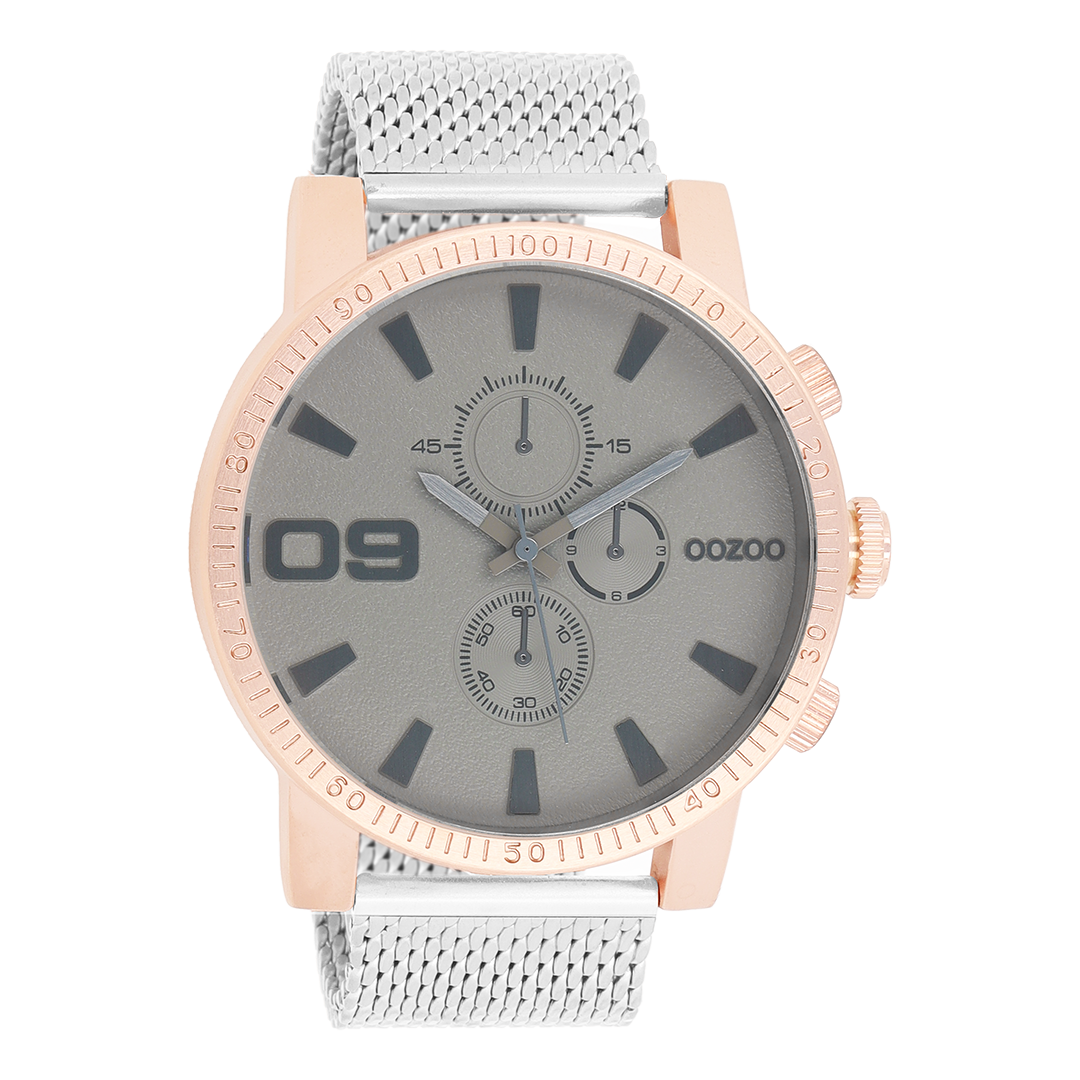 Rosé goudkleurige OOZOO horloge met zilverkleurige metalen mesh armband - C9437