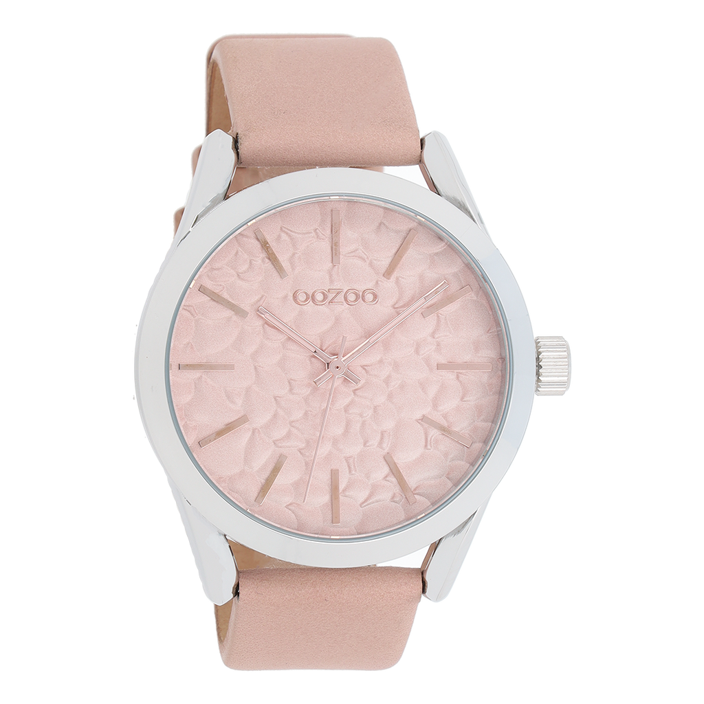 Silver coloured OOZOO watch with pink grey leather strap - C9472