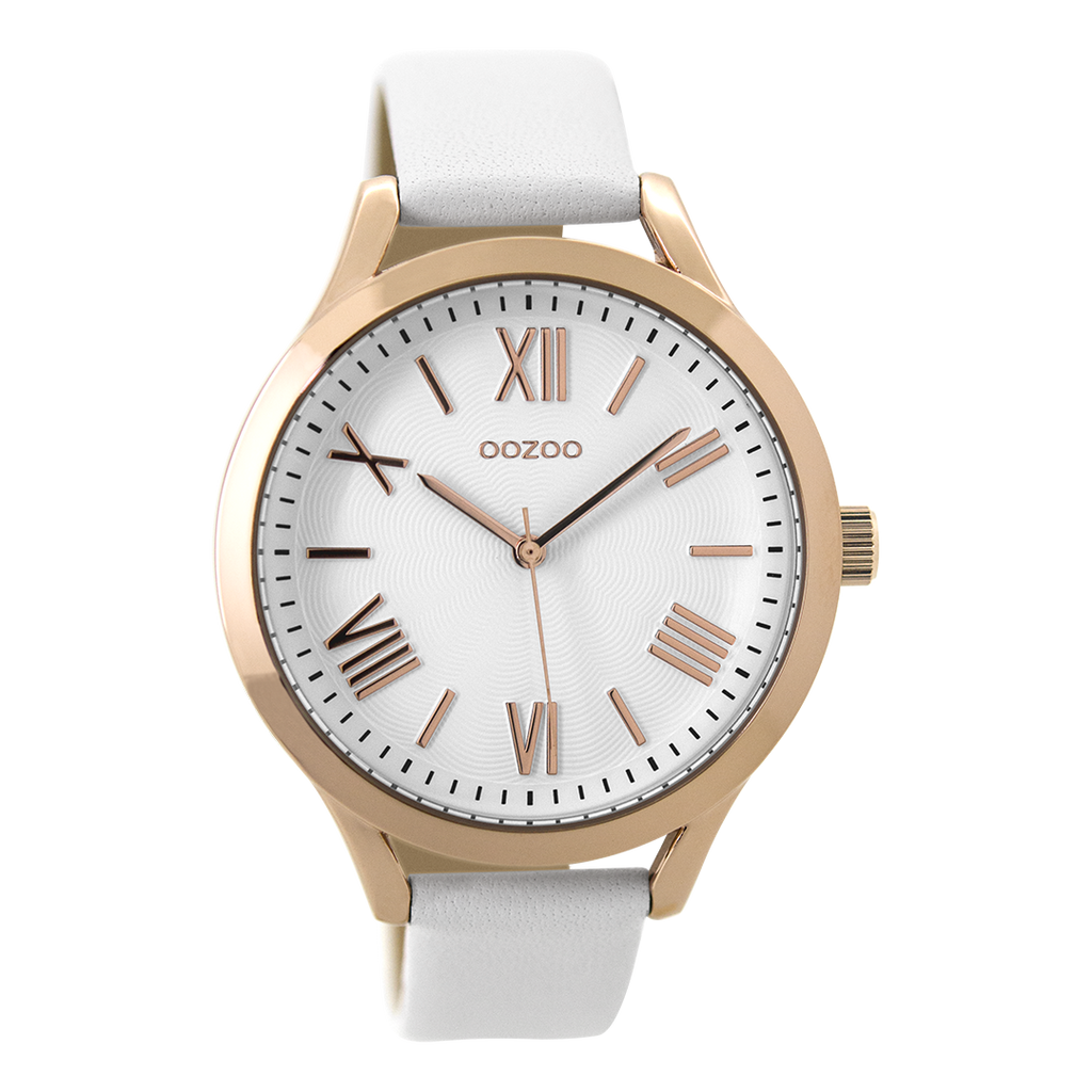Rose gold coloured OOZOO watch with white leather strap - C9476