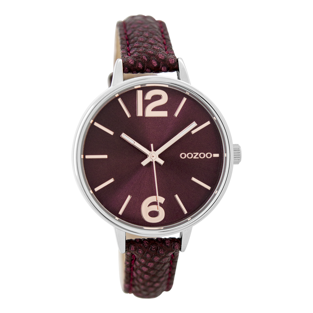 Silver coloured OOZOO watch with burgundy leather strap - C9482