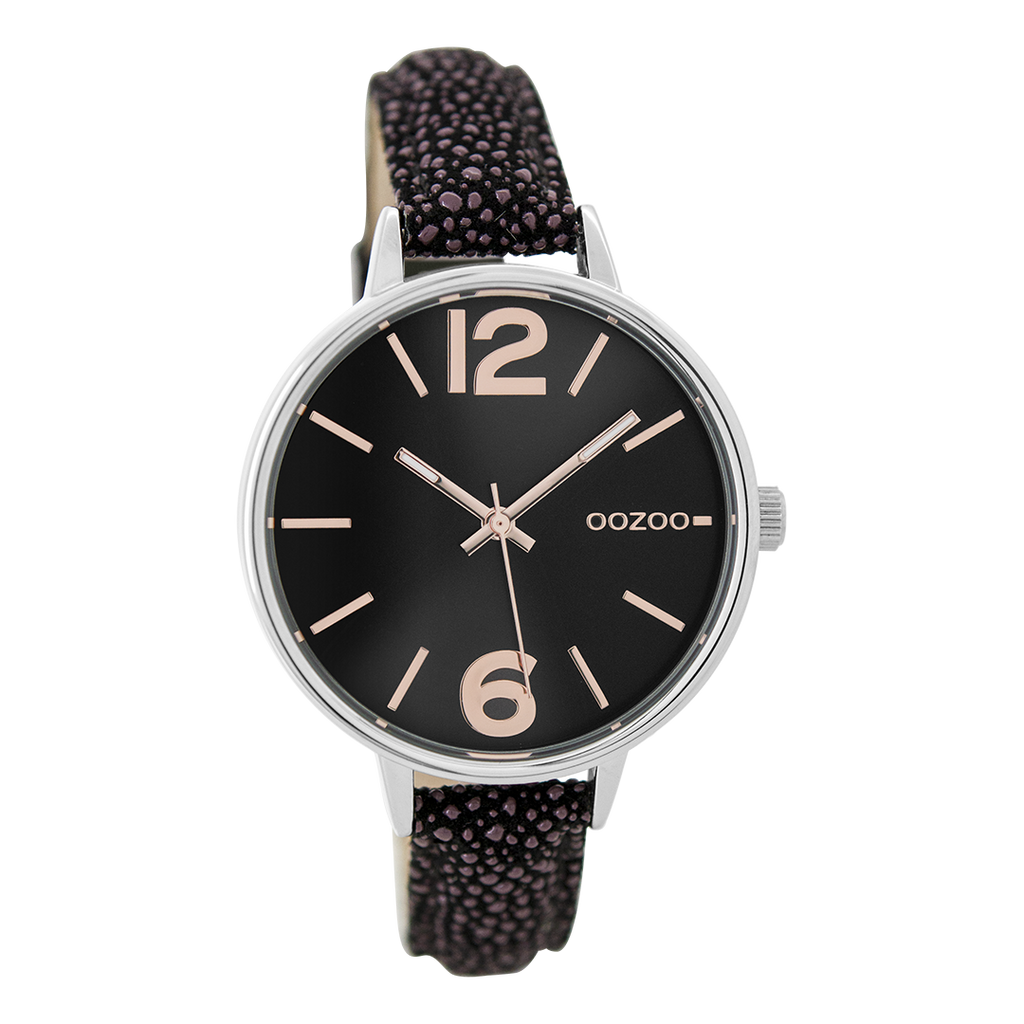 Silver coloured OOZOO watch with black leather strap - C9484