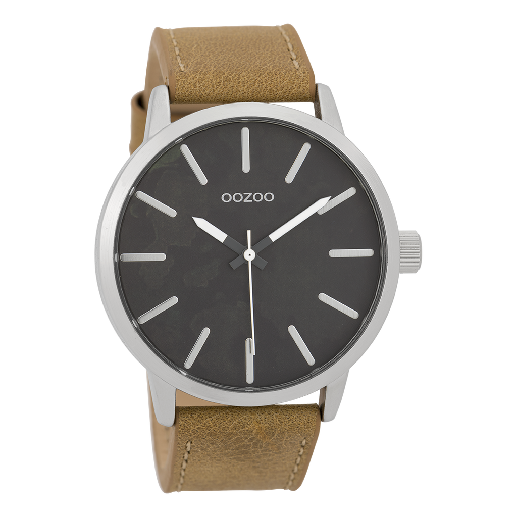 Silver coloured OOZOO watch with camel leather strap - C9600