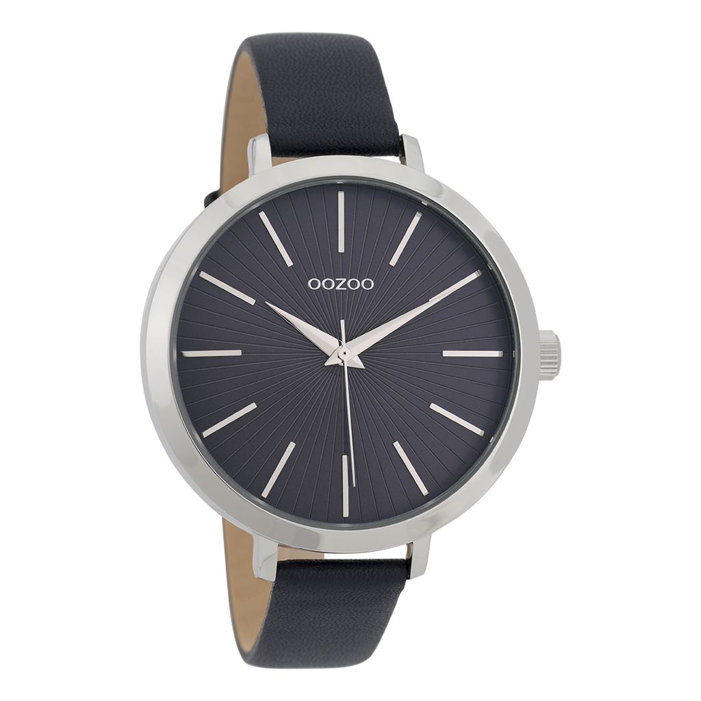 Silver coloured OOZOO watch with dark blue leather strap - C9671