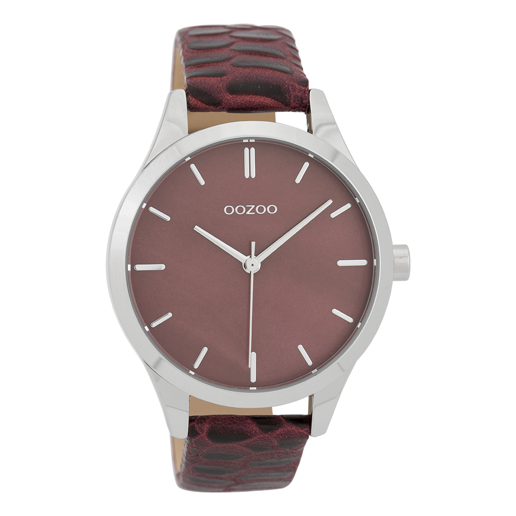 Silver coloured OOZOO watch with burgundy leather strap - C9722