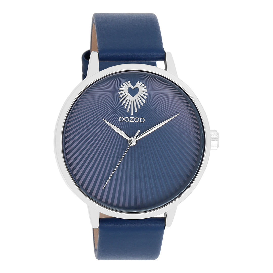Silver coloured OOZOO watch with blue leather strap - C11243