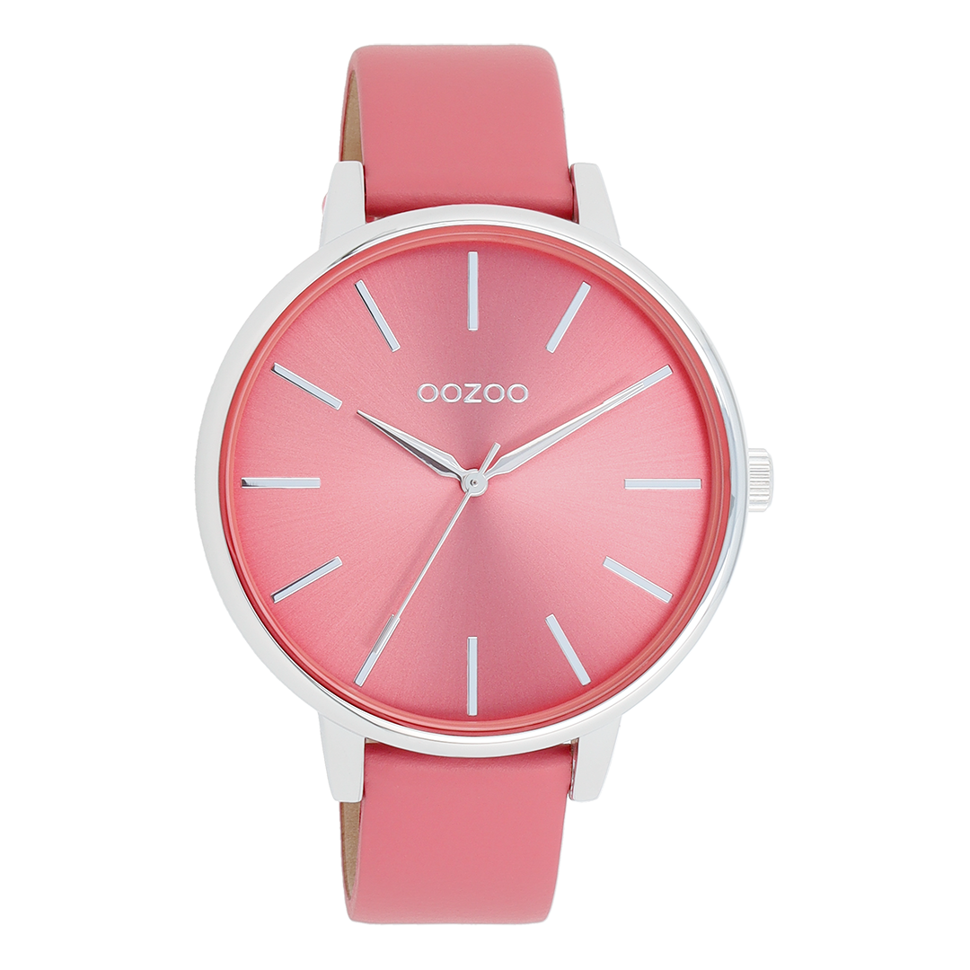 OOZOO Montre en couleur argent avec bracelet en cuir en couleur coquillage rose - C11295