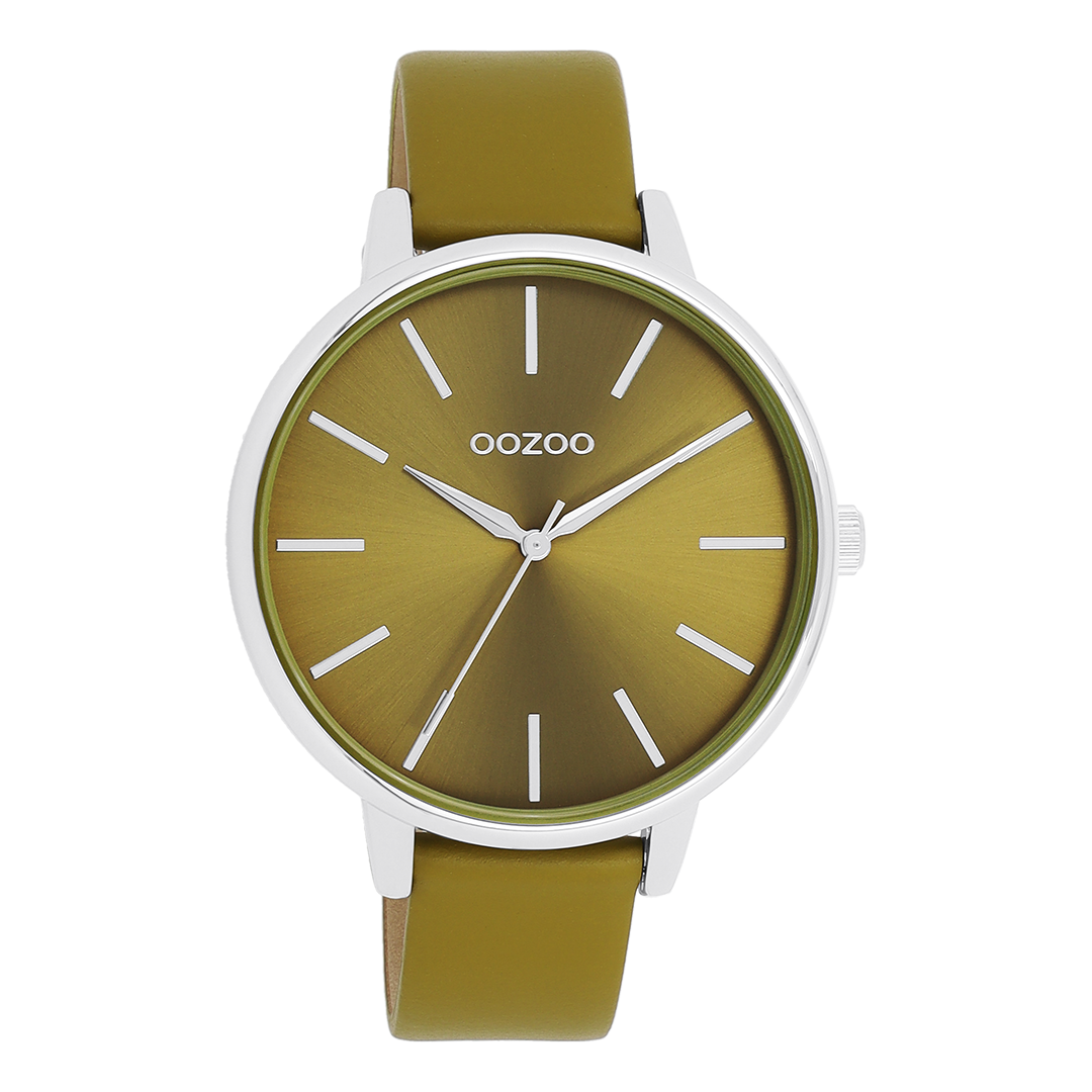 OOZOO Montre en couleur argent avec bracelet en cuir en vert olive - C11298