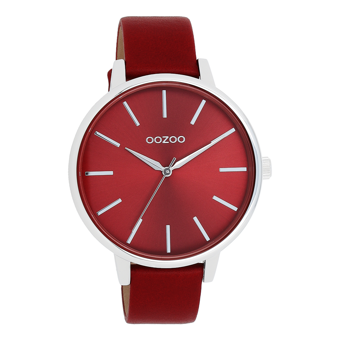 OOZOO Montre en couleur argent avec bracelet en cuir en dahlia rouge - C11299
