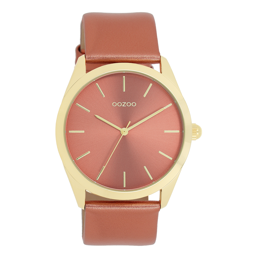 Gold coloured OOZOO watch with brick red leather strap - C11334