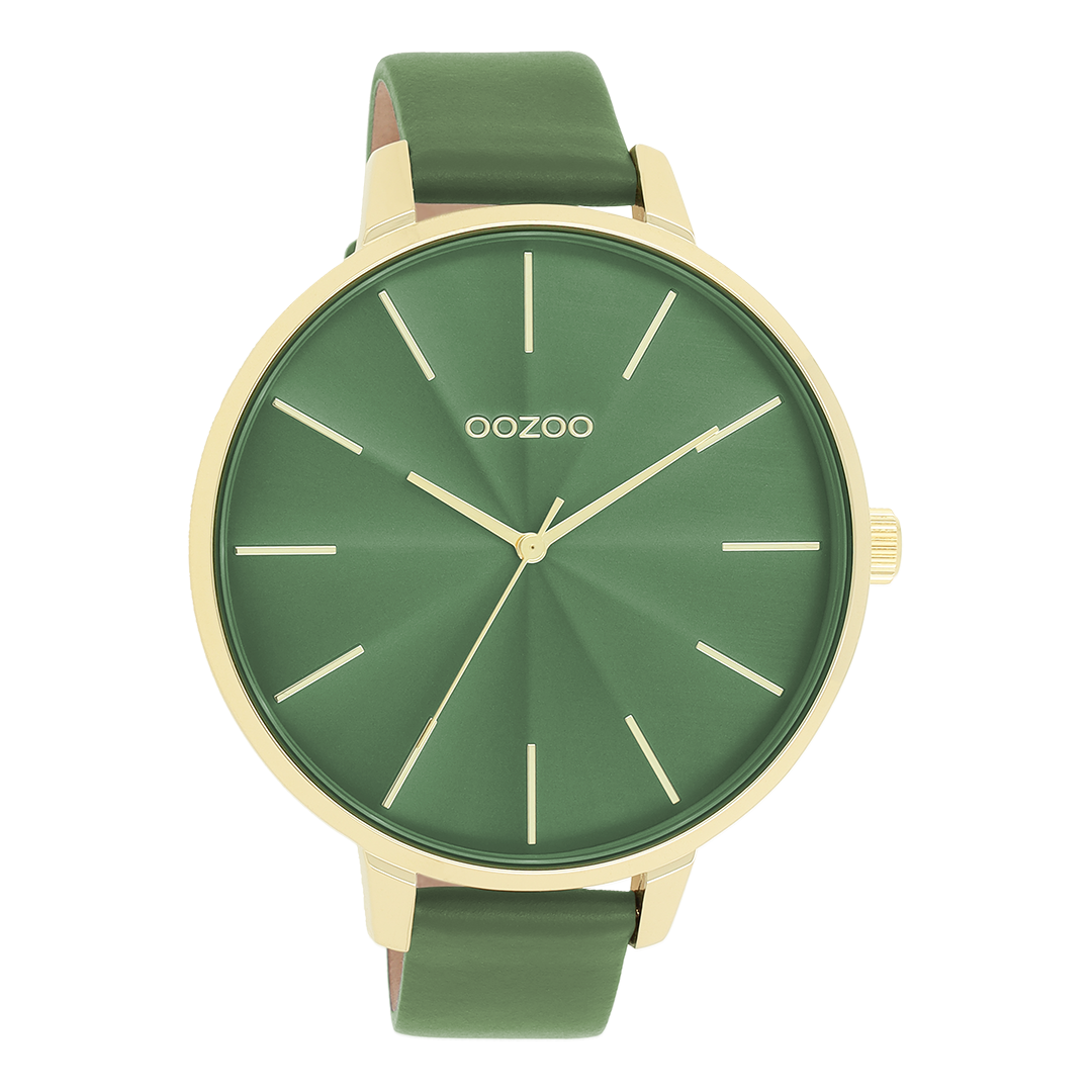 Gold coloured OOZOO watch with green leather strap - C11349