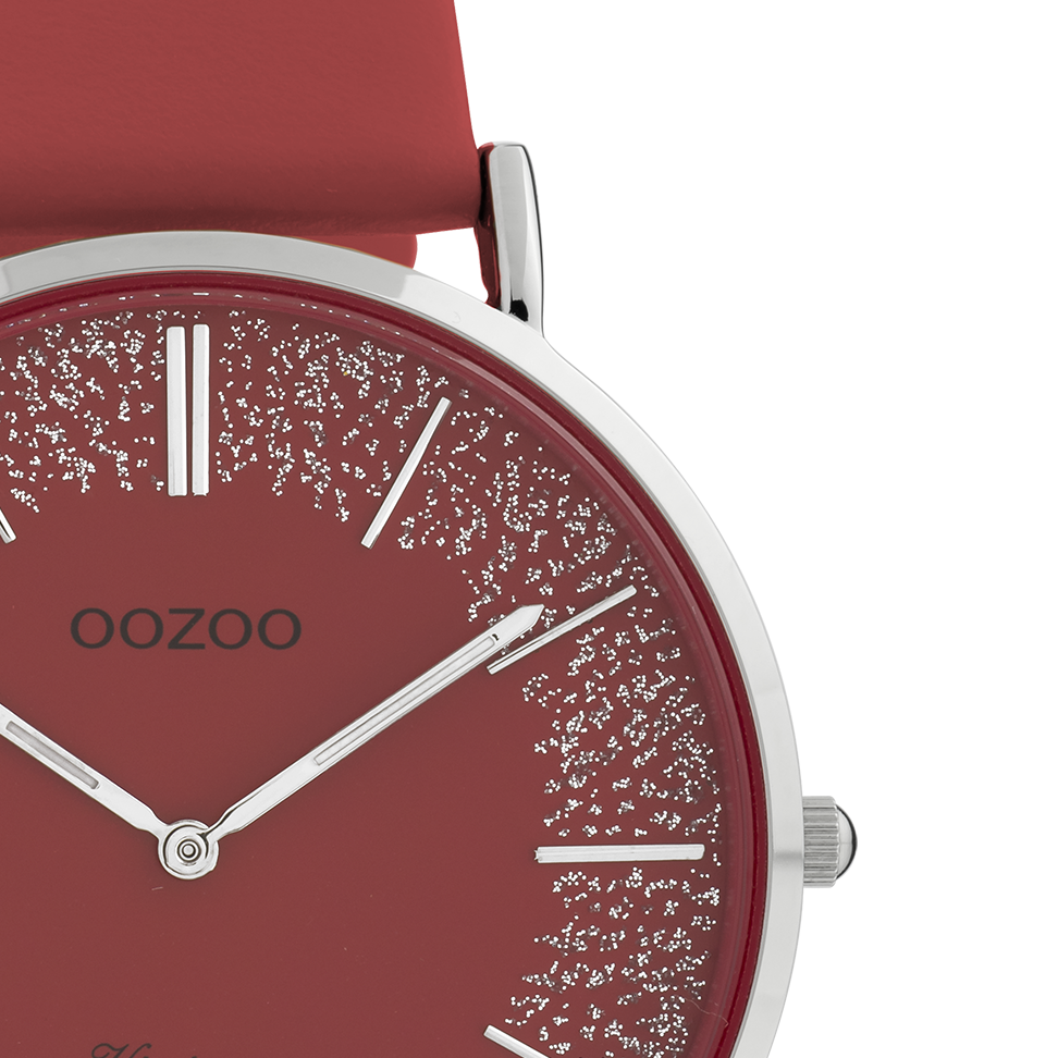 Silver coloured OOZOO watch with red leather strap C20129