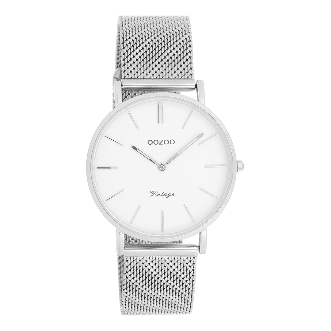 Silver coloured OOZOO watch with white metal mesh bracelet - C9902