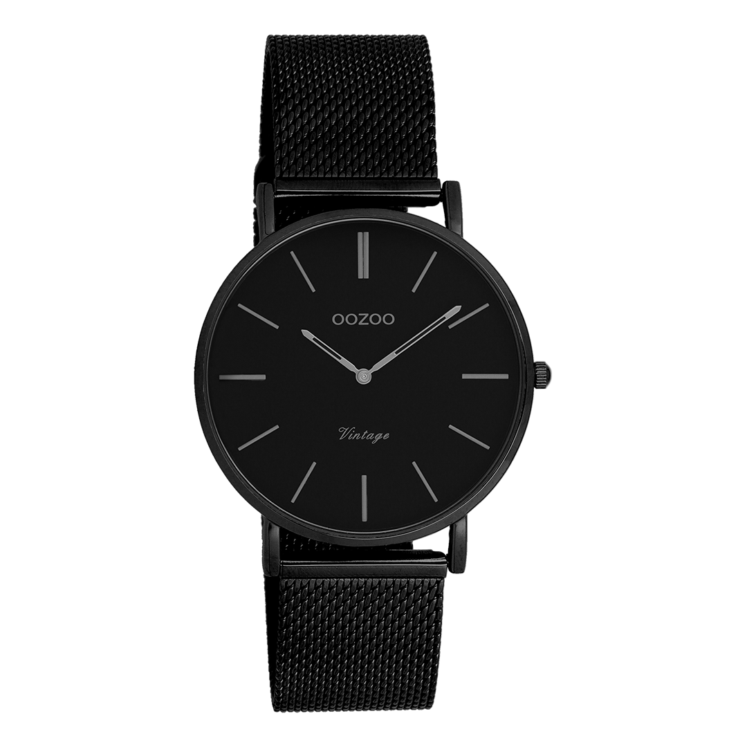 Black OOZOO watch with black metal mesh bracelet - C9934